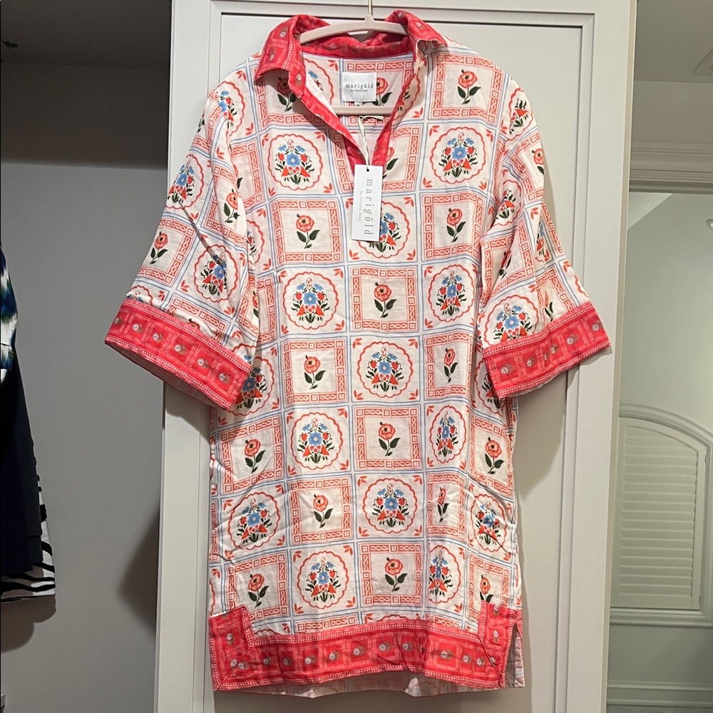 Victoria Dunn White and Coral Patterned Short-Sleeve dress